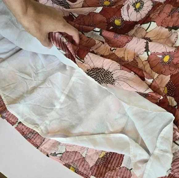 Ann Taylor Loft Coral Large Floral Poppy Square Neck Puff Sleeve Dress 4 - Picture 10 of 15